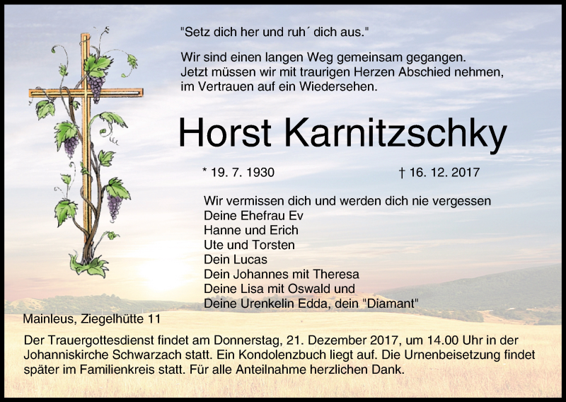  Traueranzeige für Horst Karnitzschky vom 19.12.2017 aus MGO