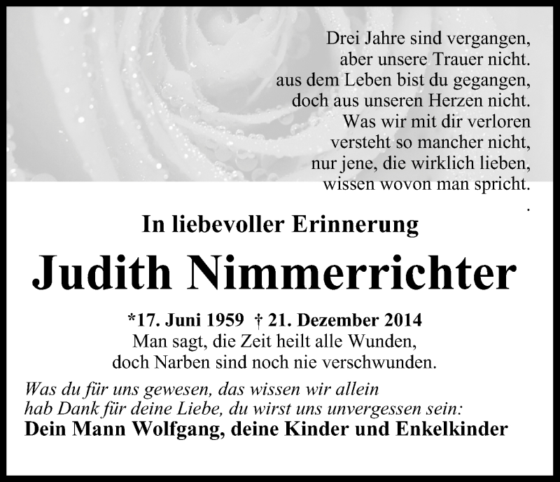  Traueranzeige für Judith Nimmerrichter vom 21.12.2017 aus MGO