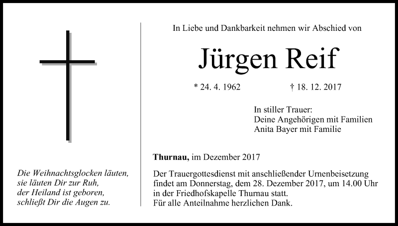  Traueranzeige für Jürgen Reif vom 27.12.2017 aus MGO