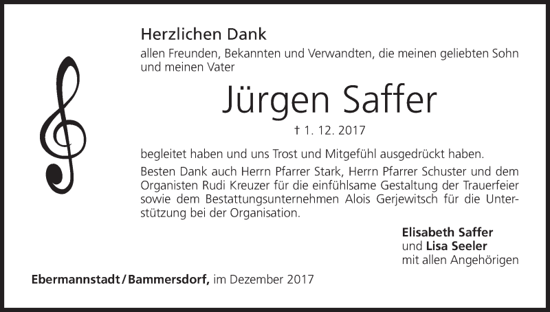  Traueranzeige für Jürgen Saffer vom 23.12.2017 aus MGO