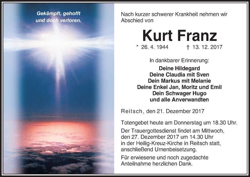  Traueranzeige für Kurt Franz vom 21.12.2017 aus MGO