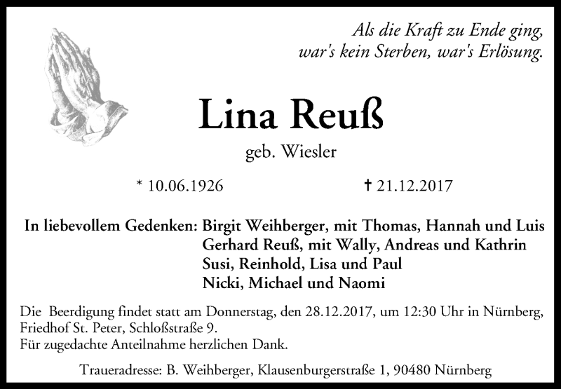  Traueranzeige für Lina Reuß vom 27.12.2017 aus MGO