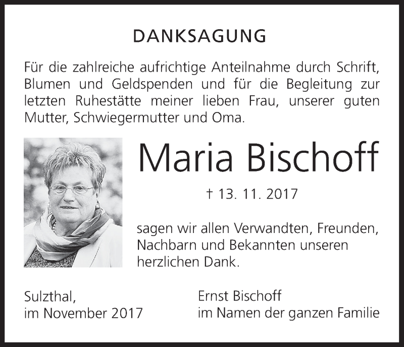  Traueranzeige für Maria Bischoff vom 09.12.2017 aus MGO
