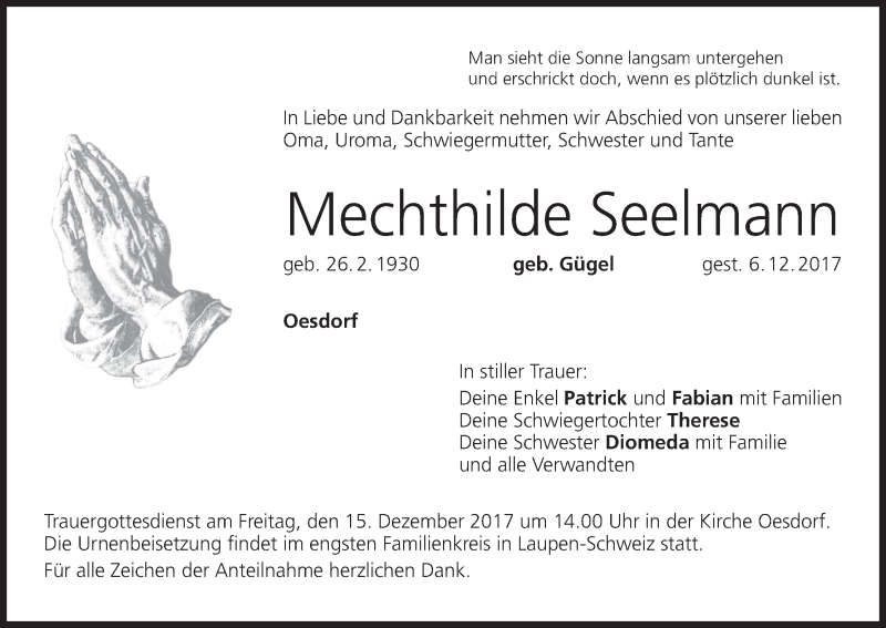  Traueranzeige für Mechthilde Seelmann vom 12.12.2017 aus MGO