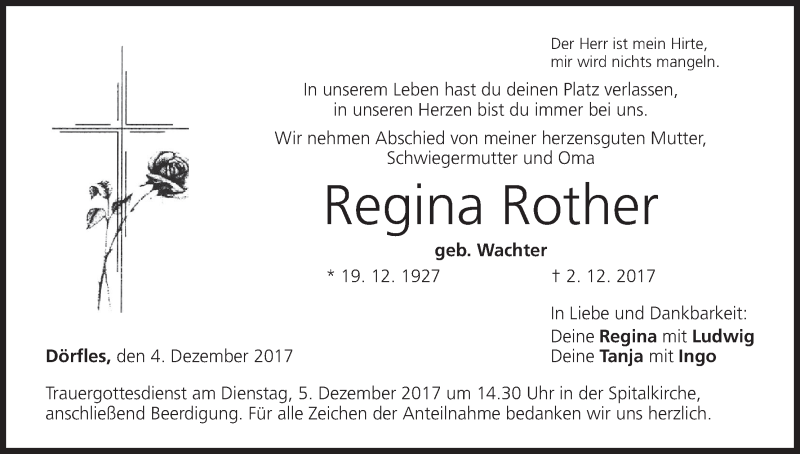  Traueranzeige für Regina Rother vom 04.12.2017 aus MGO