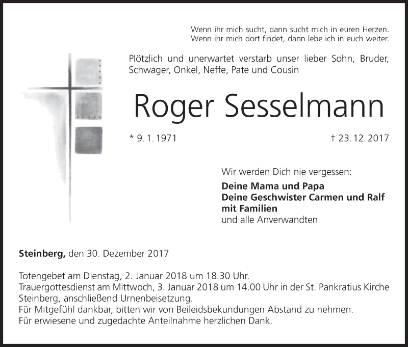  Traueranzeige für Roger Sesselmann vom 30.12.2017 aus MGO