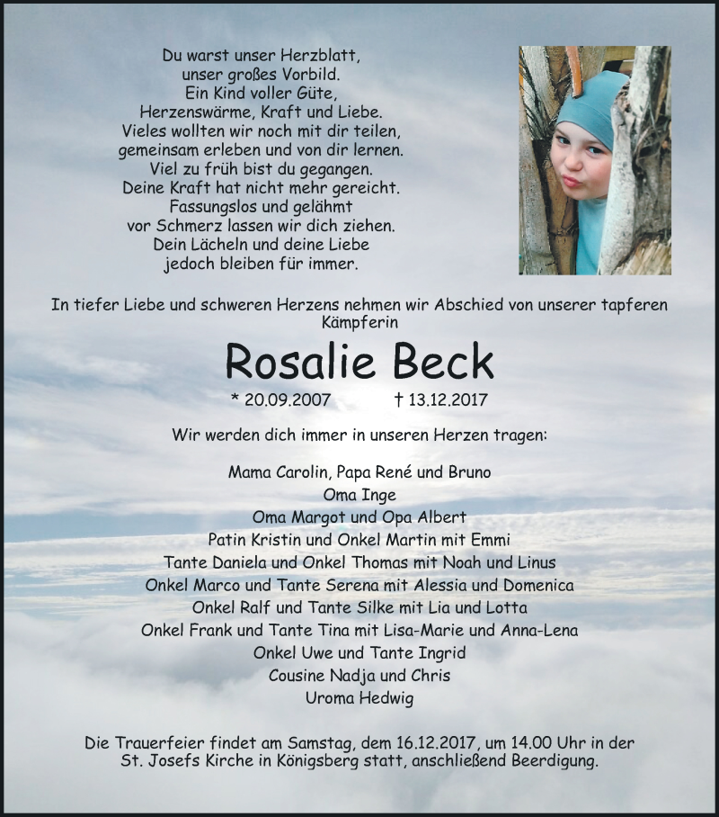  Traueranzeige für Rosalie Beck vom 15.12.2017 aus MGO