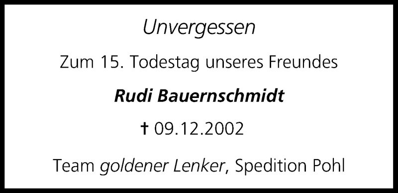  Traueranzeige für Rudi Bauernschmidt vom 09.12.2017 aus MGO