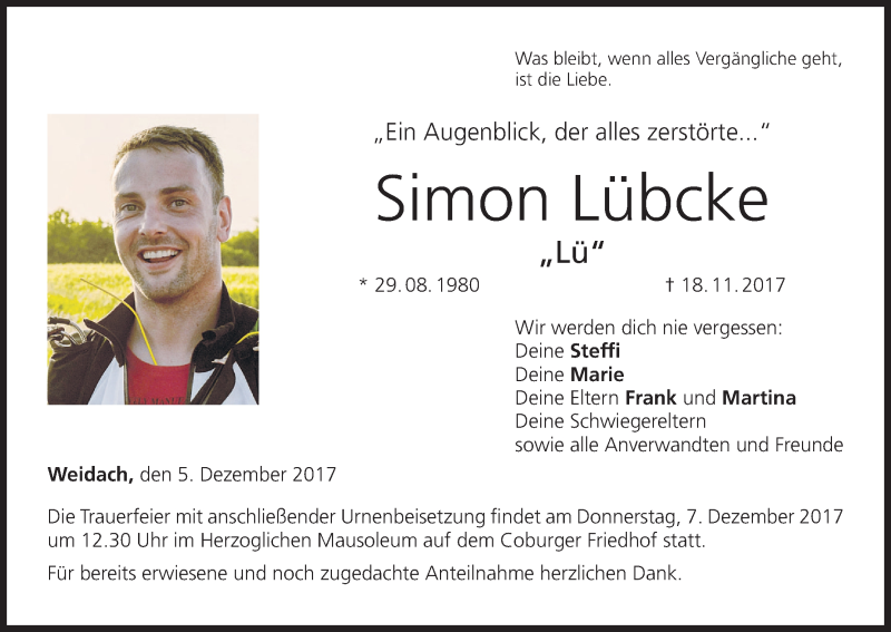  Traueranzeige für Simon Lübcke vom 05.12.2017 aus MGO