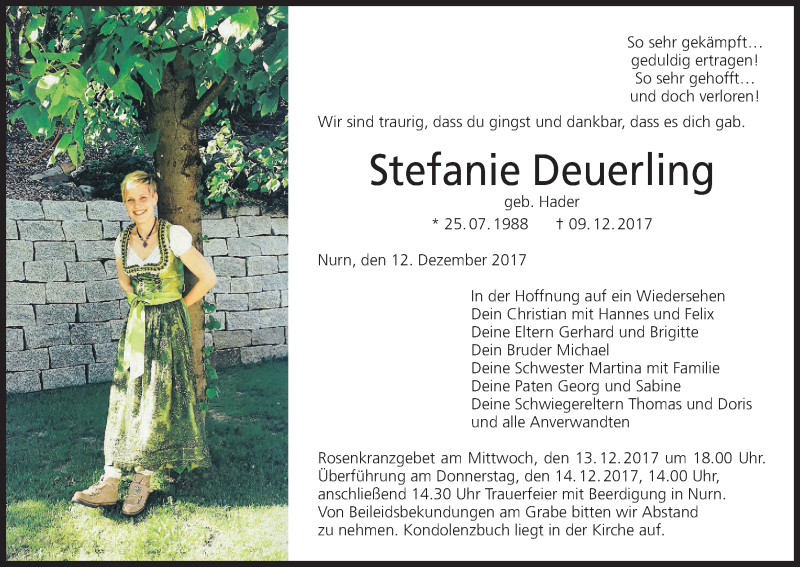  Traueranzeige für Stefanie Deuerling vom 12.12.2017 aus MGO