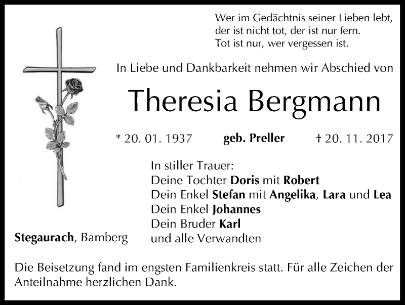  Traueranzeige für Theresia Bergmann vom 02.12.2017 aus MGO