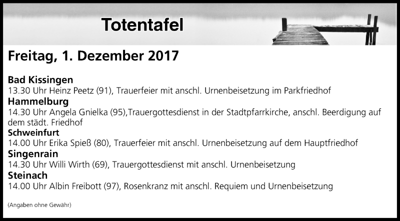  Traueranzeige für Totentafel vom 01.12.2017 vom 01.12.2017 aus MGO