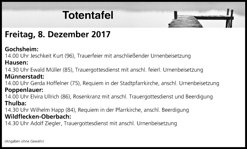  Traueranzeige für Totentafel vom 08.12.2017 vom 08.12.2017 aus MGO