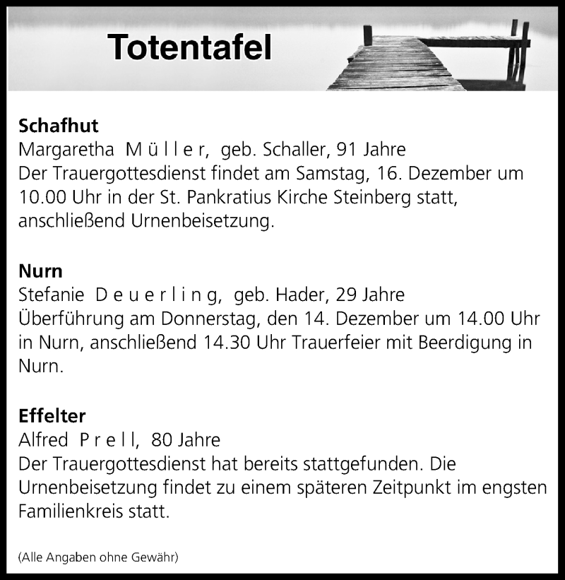  Traueranzeige für Totentafel vom 16.12.2017 vom 16.12.2017 aus MGO