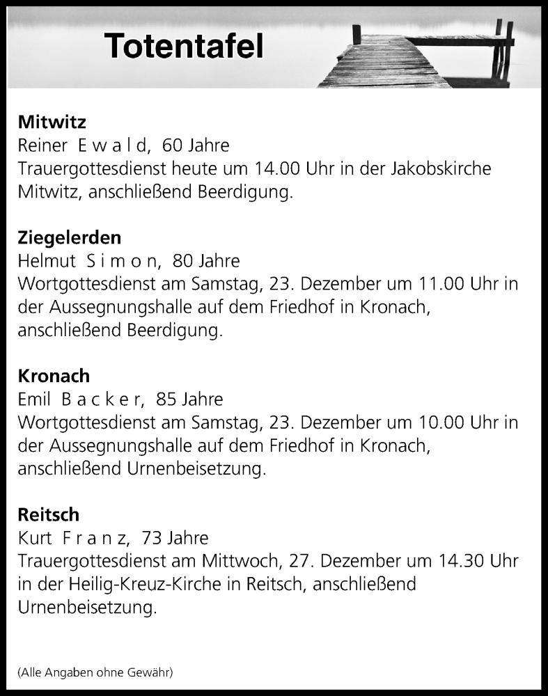  Traueranzeige für Totentafel vom 21.12.2017 vom 22.12.2017 aus MGO