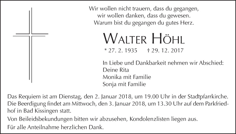  Traueranzeige für Walter Höhl vom 30.12.2017 aus MGO