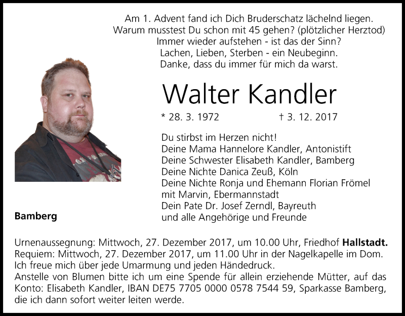  Traueranzeige für Walter Kandler vom 22.12.2017 aus MGO