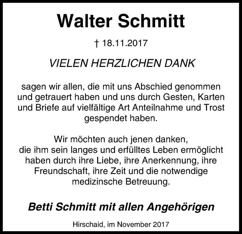 Traueranzeige für Walter Schmitt vom 02.12.2017 aus MGO