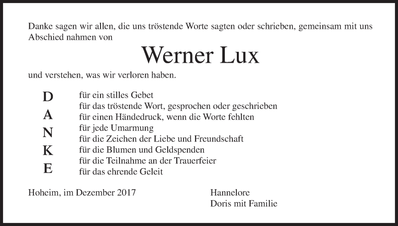  Traueranzeige für Werner Lux vom 23.12.2017 aus MGO