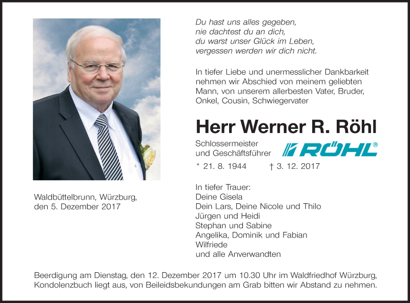 Traueranzeige für Werner R. Röhl vom 07.12.2017 aus MGO