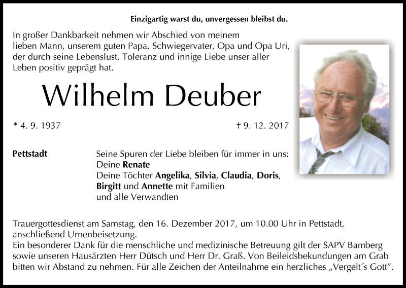  Traueranzeige für Wilhelm Deuber vom 12.12.2017 aus MGO