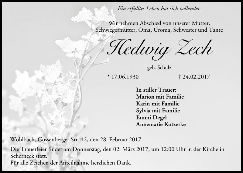  Traueranzeige für Hedwig Zech vom 01.03.2017 aus MGO