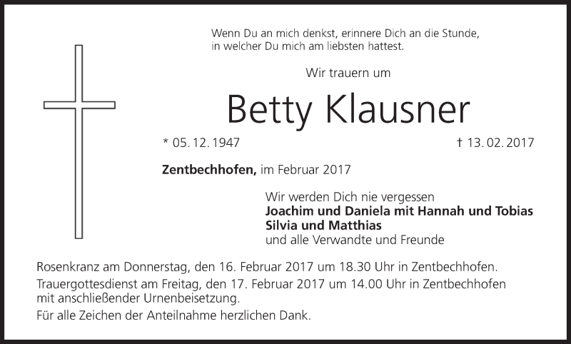  Traueranzeige für Betty Klausner vom 15.02.2017 aus MGO