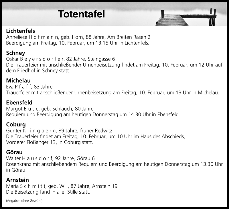  Traueranzeige für Totentafel vom 09.02.2017 vom 09.02.2017 aus MGO