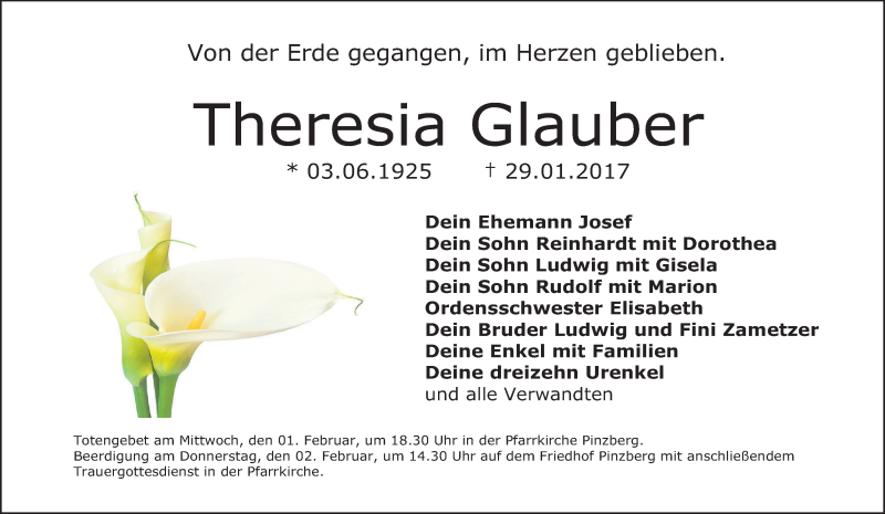 Traueranzeige für Theresia Glauber vom 01.02.2017 aus MGO