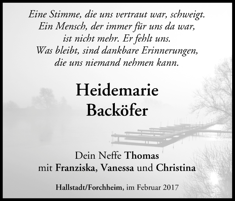  Traueranzeige für Heidemarie Backöfer vom 25.02.2017 aus MGO