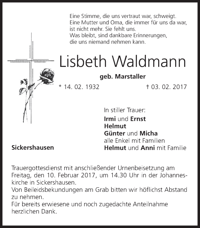  Traueranzeige für Lisbeth Waldmann vom 07.02.2017 aus MGO