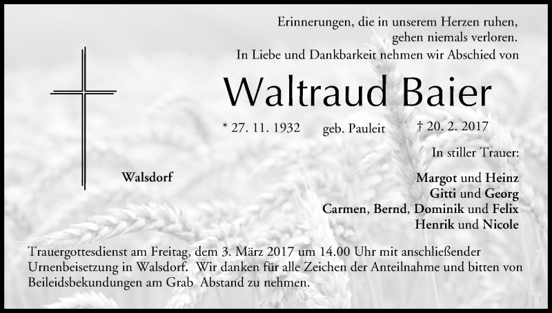  Traueranzeige für Waltraud Baier vom 01.03.2017 aus MGO