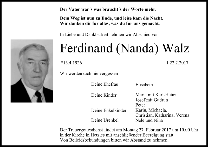  Traueranzeige für Ferdinand  Walz vom 25.02.2017 aus MGO