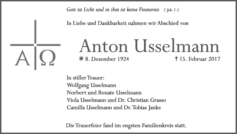  Traueranzeige für Anton Usselmann vom 18.02.2017 aus MGO