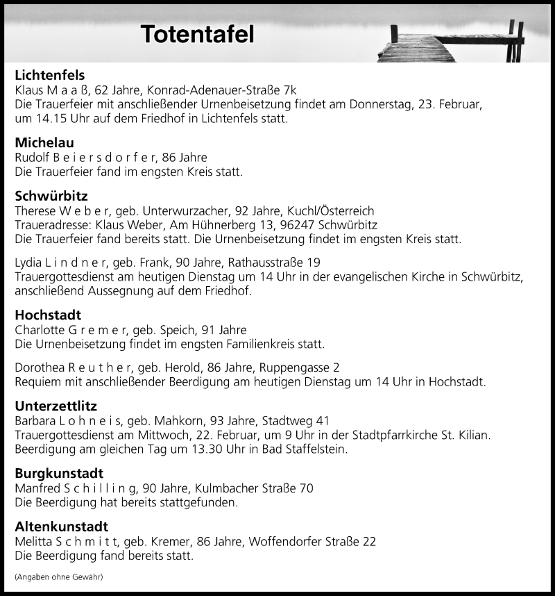  Traueranzeige für Totentafel vom 21.02.2017 vom 21.02.2017 aus MGO