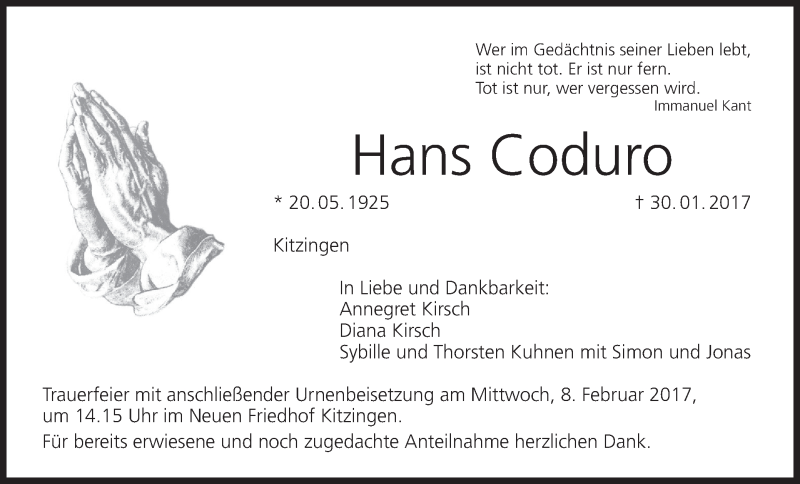  Traueranzeige für Hans Coduro vom 04.02.2017 aus MGO