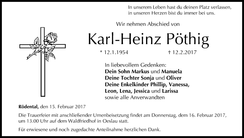  Traueranzeige für Karl-Heinz Pöthig vom 15.02.2017 aus MGO