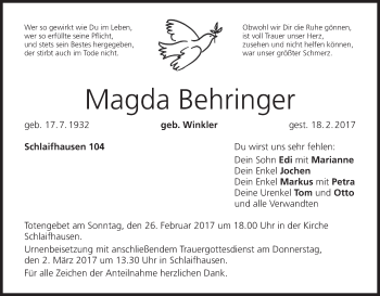 Anzeige von Magda Behringer von MGO