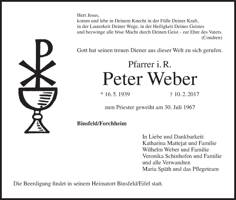  Traueranzeige für Peter Weber vom 15.02.2017 aus MGO