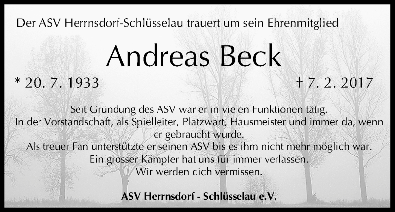 Traueranzeige für Andreas Beck vom 10.02.2017 aus MGO