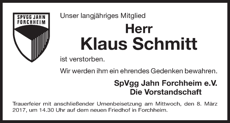  Traueranzeige für Klaus Schmitt vom 01.03.2017 aus MGO