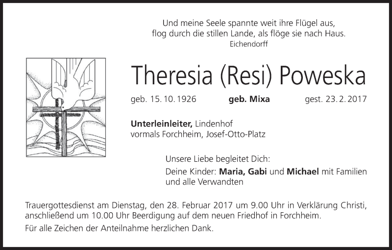  Traueranzeige für Theresia  Poweska vom 25.02.2017 aus MGO