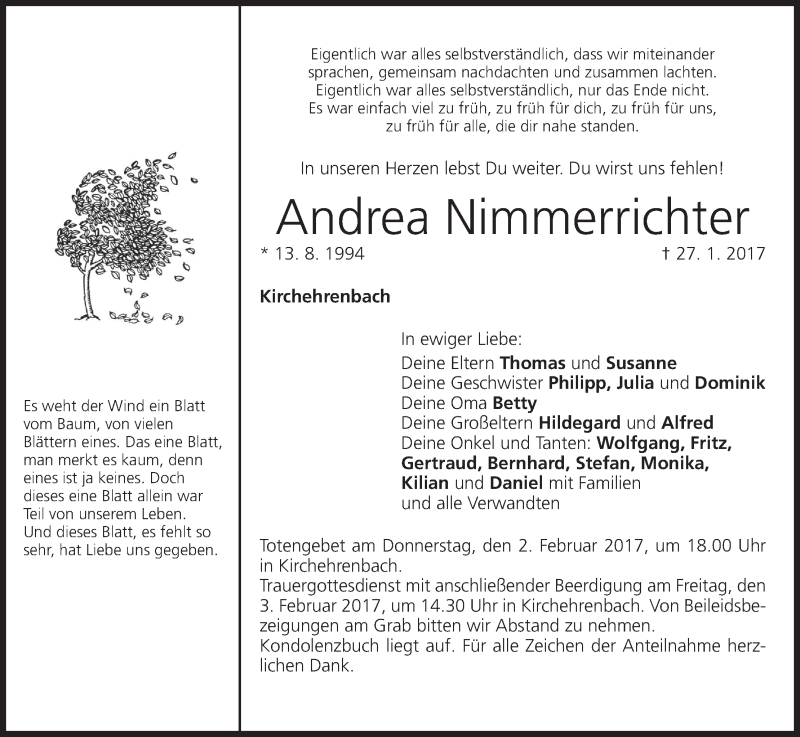  Traueranzeige für Andrea Nimmerrichter vom 01.02.2017 aus MGO