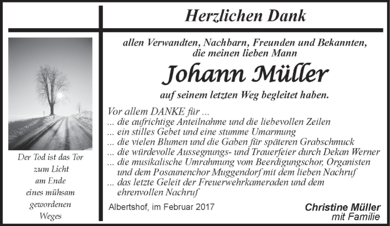  Traueranzeige für Johann Müller vom 17.02.2017 aus MGO
