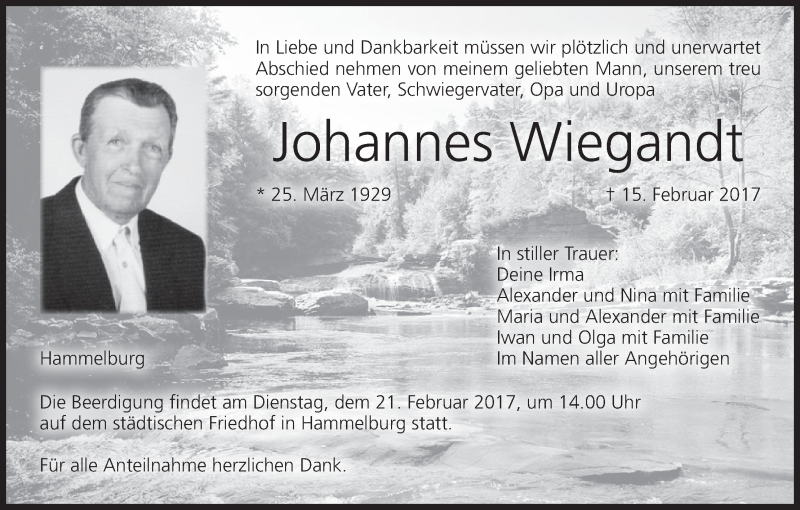  Traueranzeige für Johannes Wiegandt vom 18.02.2017 aus MGO