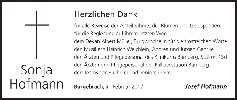  Traueranzeige für Sonja Hofmann vom 25.02.2017 aus MGO
