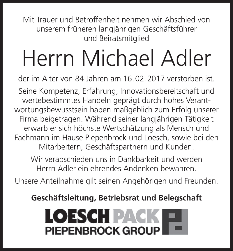  Traueranzeige für Michael Adler vom 22.02.2017 aus MGO