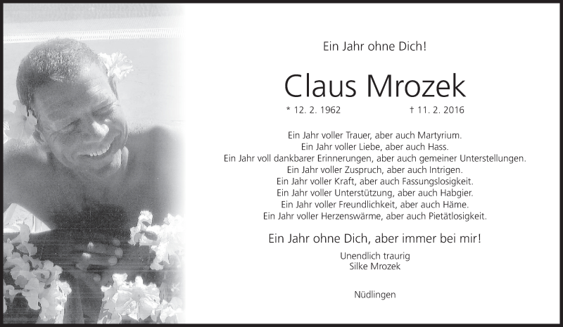  Traueranzeige für Claus Mrozek vom 11.02.2017 aus MGO