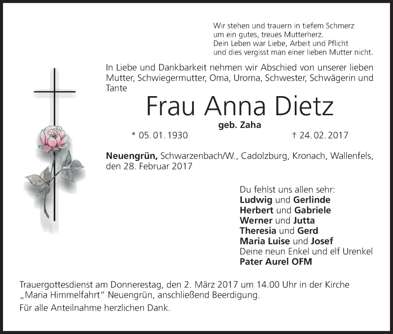  Traueranzeige für Anna Dietz vom 28.02.2017 aus MGO