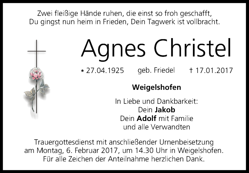  Traueranzeige für Agnes Christel vom 01.02.2017 aus MGO